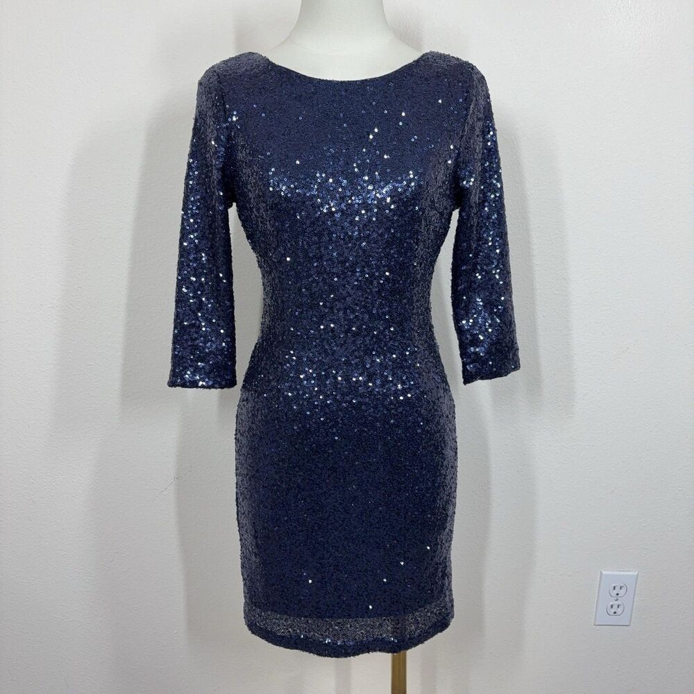 Lulus Dress Womens Small Blue Sequin Mini Bodycon Party Cocktail Holiday